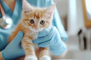 Veterinarian examining ginger kitten, cat checkup and healthcare at vet clinic, pet health and wellness concept