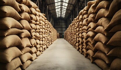 The warehouse is filled with many large brown jute bags of rice, neatly arranged in rows and stacked high to create an endless wall of white grain. 