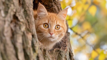 Fototapeta premium An orange tabby cat watches intently from a hollow in a tree, surrounded by colorful autumn leaves, showcasing its bright fur and large, expressive eyes