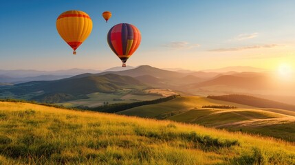 Obraz premium Hot air balloons ascend peacefully in a mountainous region, bathed in the warm glow of the early morning sun, surrounded by lush green hills