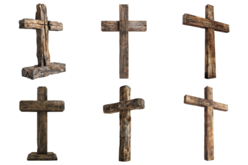 Six Wooden Crosses Isolated on White Background