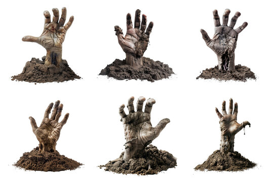 Six Muddy Zombie Hands Reaching From the Ground