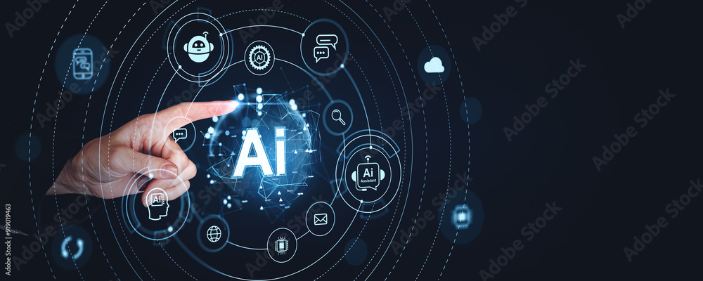 Poster finger pointing at digital ai interface with various icons on dark background.
