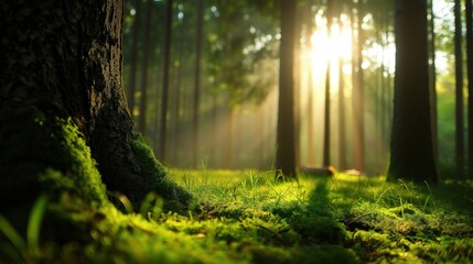 Golden rays pierce the canopy, illuminating vibrant moss and grasses in a tranquil forest, creating a peaceful atmosphere during the serene evening hours