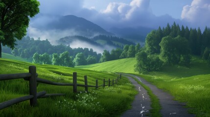 A tranquil landscape features a winding dirt path through vibrant green meadows, surrounded by lush trees and rolling hills under a dramatic cloudy sky during early morning light