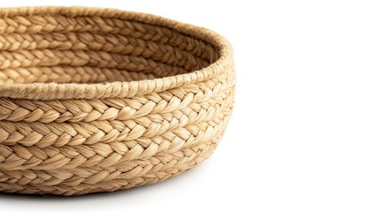 Handwoven seagrass basket, natural fibers, elegant texture, isolated on white background, modern bohemian style