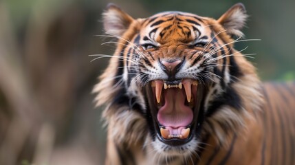 Obraz premium The tiger raises its head and opens its mouth wide in a menacing roar, surrounded by dense greenery in the afternoon sun