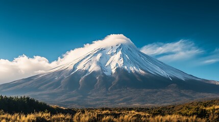Fototapeta premium Snow-capped volcanic peak rises majestically amidst winter wonderland, a breathtaking panorama of nature's artistry