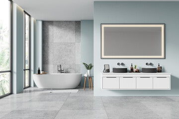 Modern bathroom interior with freestanding tub and double vanity.. 3D Rendering