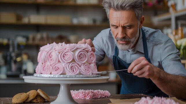 Baker decorating a cake in a bakery, highlighting precision and artistic flair in baking