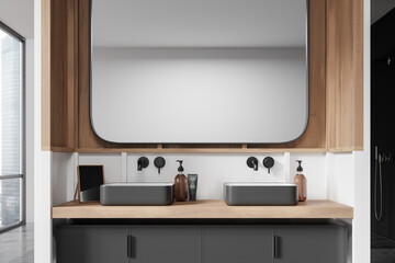 Home bathroom interior with double sink, accessories and panoramic window