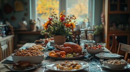 Naklejka premium A festive table is decorated with traditional Thanksgiving dishes and seasonal flowers