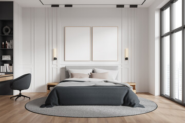 Modern bedroom with blank posters on white wall. 3D Rendering