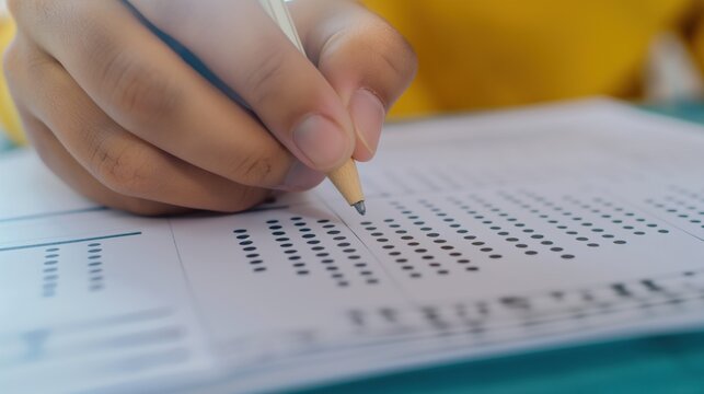 A student carefully marks responses on a standardized test using a pencil, demonstrating focus and diligence in a bright learning environment