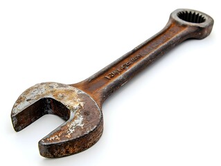 Rusty adjustable wrench lying on a white background with visible wear and tear