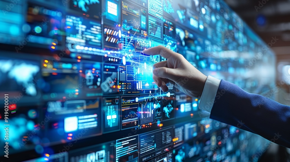 Poster businessman analyzing big data on futuristic interface, digital transformation, data science