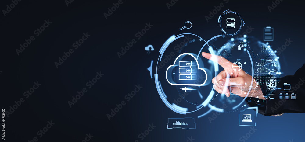 Poster hand pointing at digital cloud icons on futuristic interface with dark background.