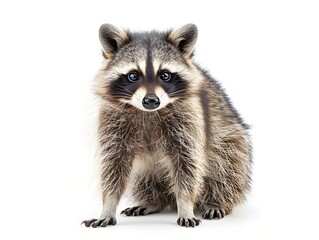 Obraz premium A raccoon sitting on a white background, showcasing its distinctive markings and curious expression