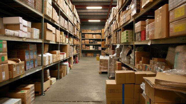 Workers organize boxes in a spacious warehouse, showcasing an orderly arrangement of goods and supplies ready for distribution during daylight hours