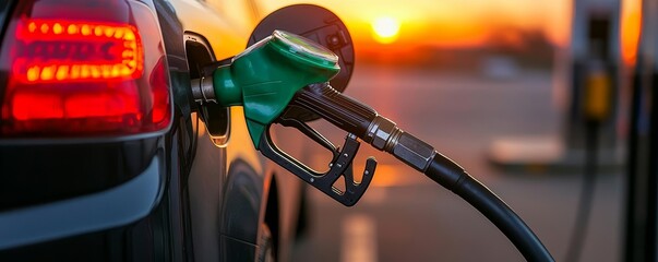 Car refueling at a gas station, with a focus on the fuel nozzle in action against a glowing sunset backdrop