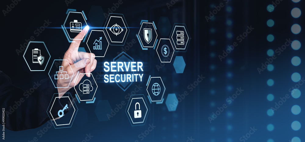 Aufkleber finger touching digital interface with server security icons on dark background.