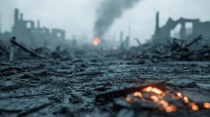Generative AI image of a dystopian war zone, collapsed structures, smoldering embers, and an eerie mist hanging over the remains of a devastated city