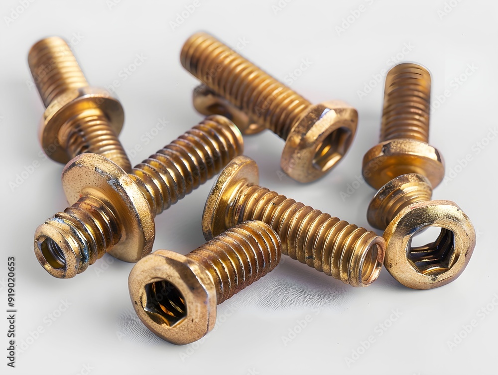 Aufkleber close-up of assorted hex bolts on a surface with a plain background