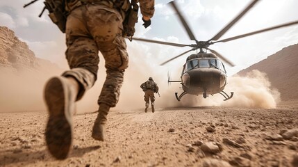 Soldiers sprinting towards a helicopter in a war-torn desert, with clouds of dust and smoke billowing around, capturing the urgency of a battlefield extraction