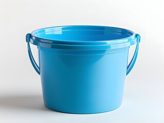 Bright blue plastic bucket with handle on a white background