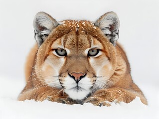 Obraz premium A close-up of a snow-covered mountain lion resting in a winter landscape