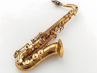 A polished gold saxophone placed against a plain background showcasing its intricate keys and design features