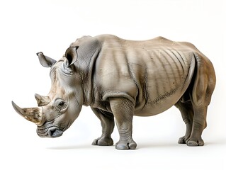 Obraz premium Rhinoceros standing on a light background, showcasing its distinctive horn and thick skin features