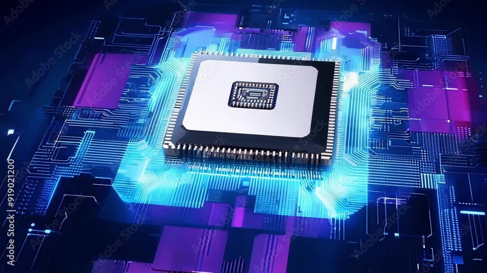 Poster discover the intricate design of a microprocessor illuminated in vibrant neon colors, showcasing the