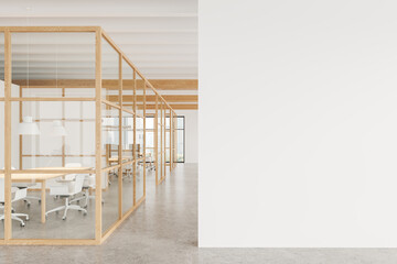 White office room interior with meeting table and chairs, window. Mockup wall