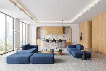 Stylish home interior with relaxing and dining zone, panoramic window