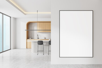 Modern kitchen interior with blank poster on wall. 3D Rendering