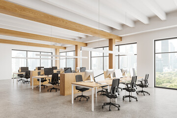 Modern open space office with city view background. 3D Rendering