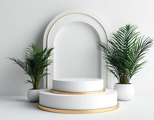 Round podium with green leaves on light grey background top view Fresh natural branches for eco cosmetic marketing Presentation or sale mockup Mini
