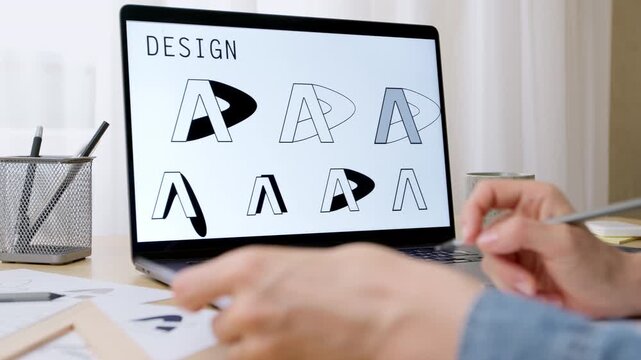 Female artist developing a logo. Sketches of brand designs on a laptop monitor screen.