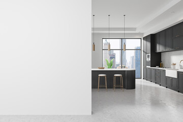 Stylish home kitchen interior with eating and cooking space, window. Mockup wall