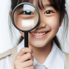 close up of asian child's smiling holding magnifying glass in front of eye