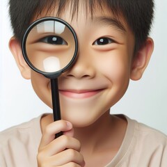 close up of asian child's smiling holding magnifying glass in front of eye