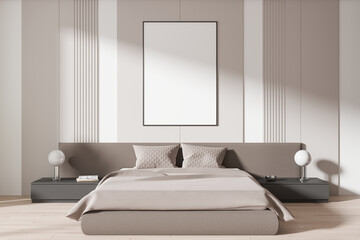 Blank poster mockup in modern bedroom interior. 3D Rendering