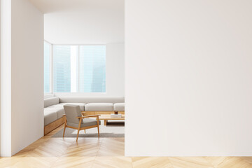 Modern minimalistic living room with empty white wall for mockup. 3D Rendering