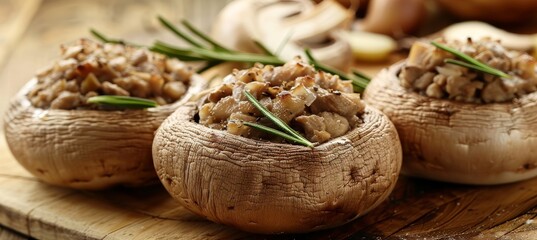 Close-up View of Three Delicious Stuffed Mushrooms Garnished with Fresh Herbs on Wooden Table