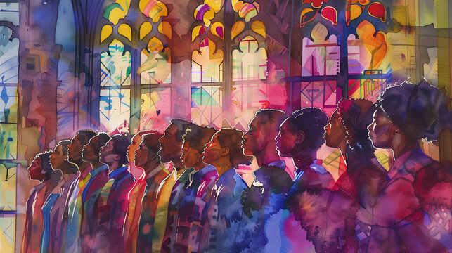 A diverse gospel choir stands together, singing in a church illuminated by colorful stained glass windows, creating a soulful atmosphere, watercolor art