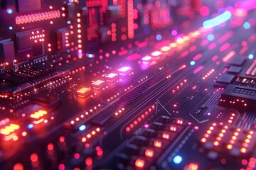 Fototapeta premium Futuristic Circuit Board Close-Up with Vibrant Lights - Technology Background for Digital Innovation Designs
