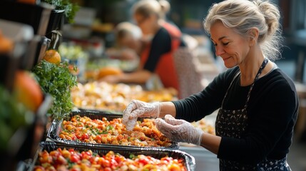 Volunteers organize food items for a Thanksgiving charity event in a local setting