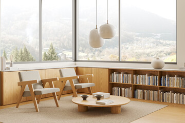 Stylish living room interior with two armchairs, shelf and panoramic window