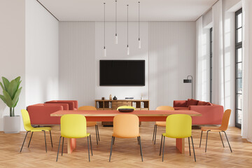 Stylish home living room interior with eating table, tv and sofa near window
